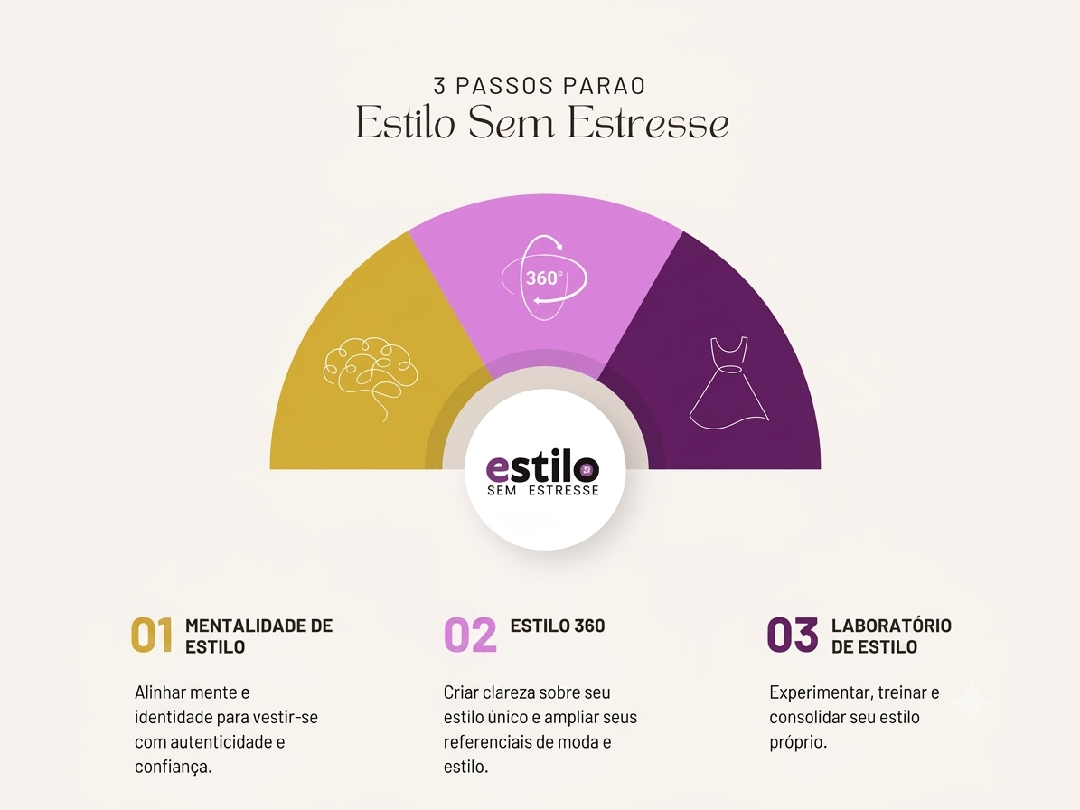 Infográfico: 3 passos do método Estilo Sem Estresse — Mentalidade de Estilo, Estilo 360 e Laboratório de Estilo