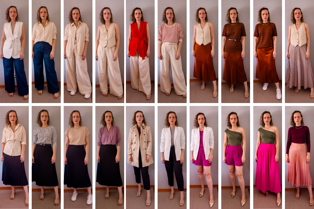 Montagem com 20 looks diferentes montados a partir das mesmas peças do guarda-roupa