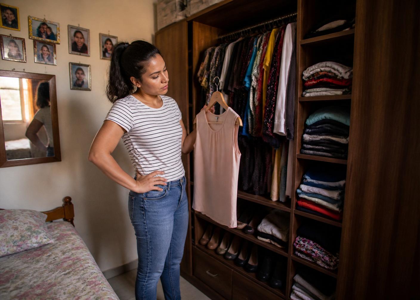 Mulher em frente a um guarda-roupa cheio, sem saber o que vestir